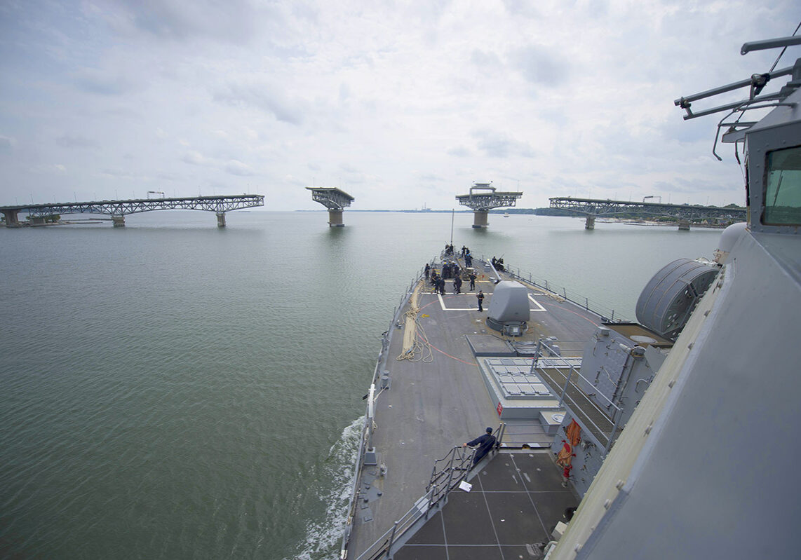 150912-N-XG464-068 150912-N-XG464-068
YORKTOWN, Va. (Sept. 11, 2015) The guided-missile destroyer USS Carney (DDG 64) prepares to transit through the George P. Coleman Memorial Bridge. Carney is the fourth Arleigh Burke-class destroyer to be forward deployed to Rota, Spain to serve as part of the president's European phased adaptive approach to ballistic missile defense in Europe. (U.S. Navy photo by Mass Communication Specialist 3rd Class Jonathan B. Trejo/Released)